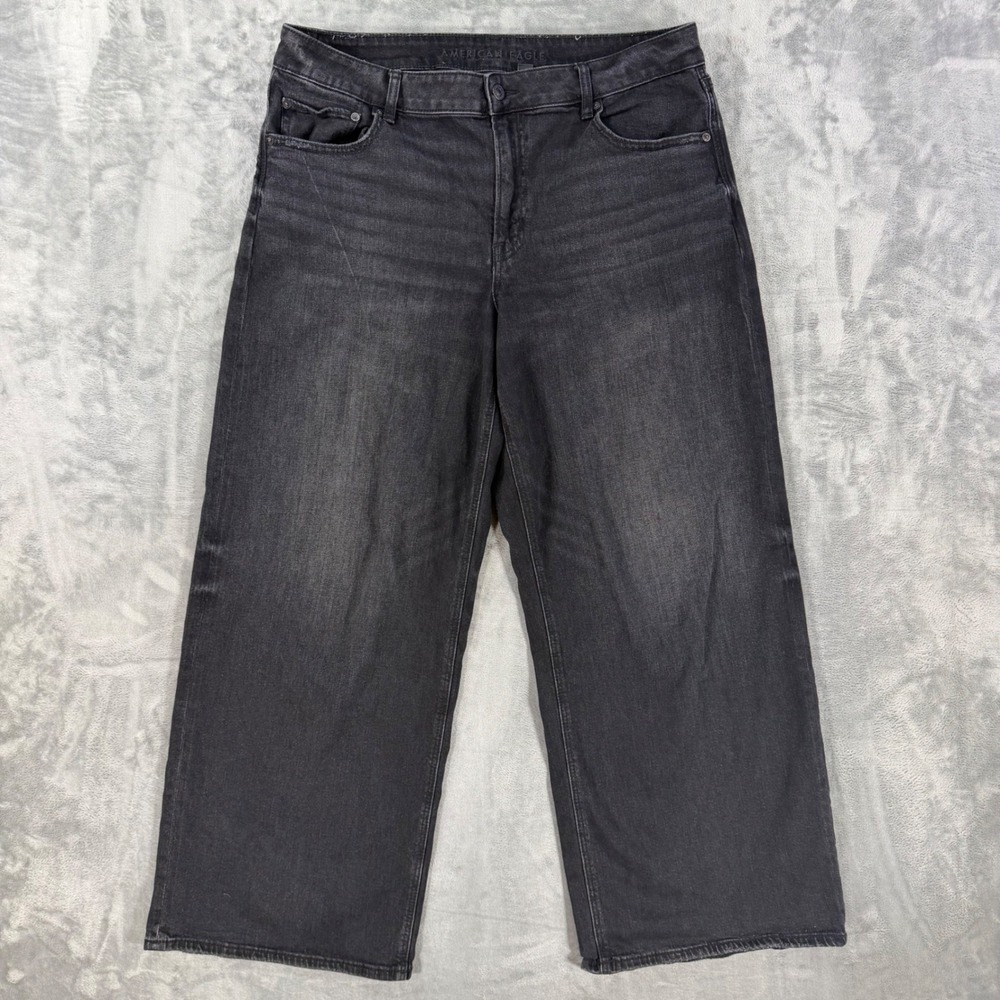 American Eagle Low Rise Baggy Wide Leg Jeans Women's 14 Black Stretch Denim